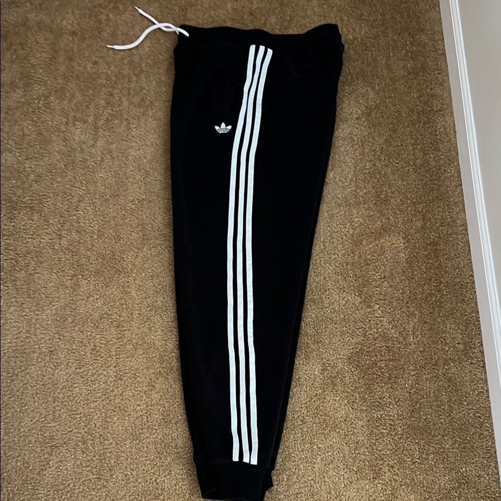 Adidas men’s  Black Joggers with White Stripes